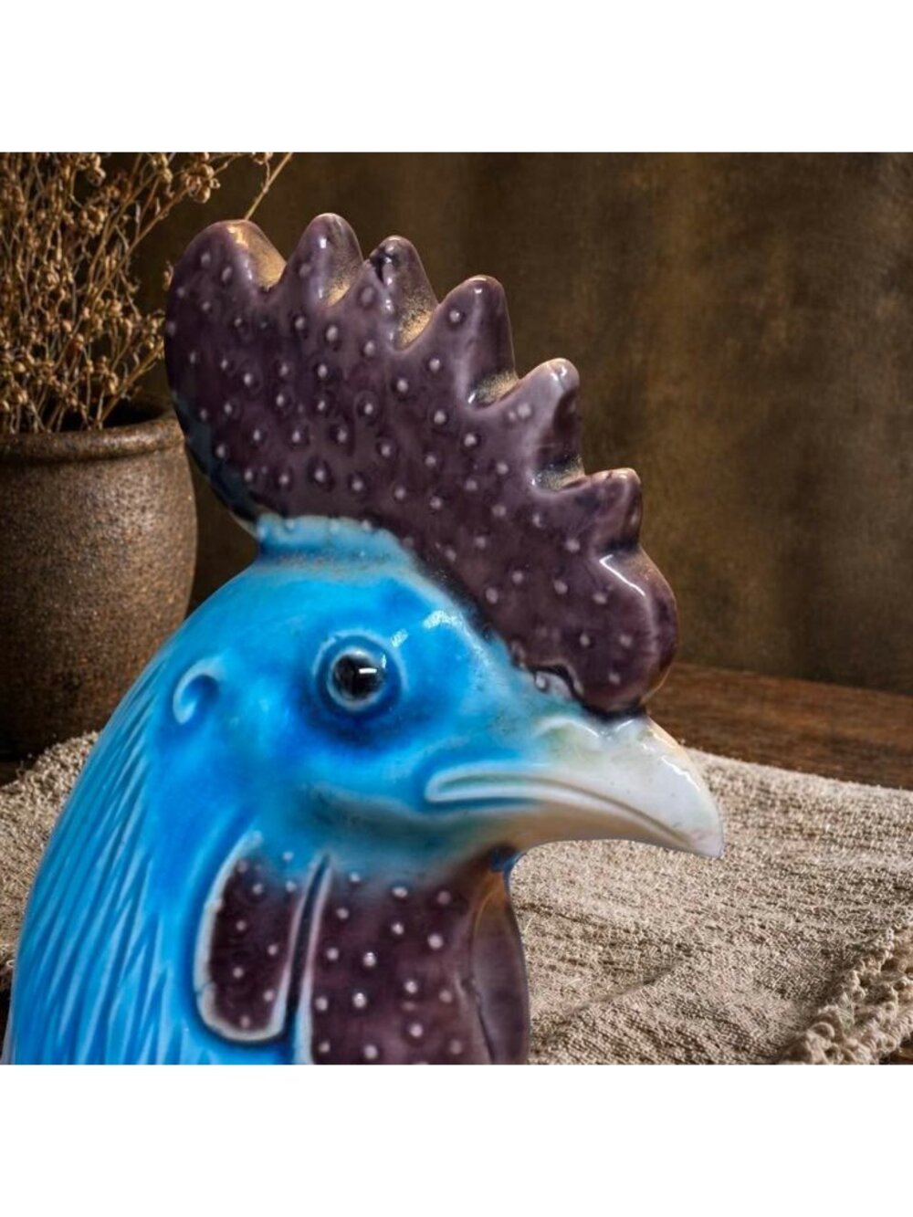 Vintage Turquoise Rooster Figurine Pair MTC Taiwan | Aubergine Glazed Chinoiseri - Picture 5 of 12
